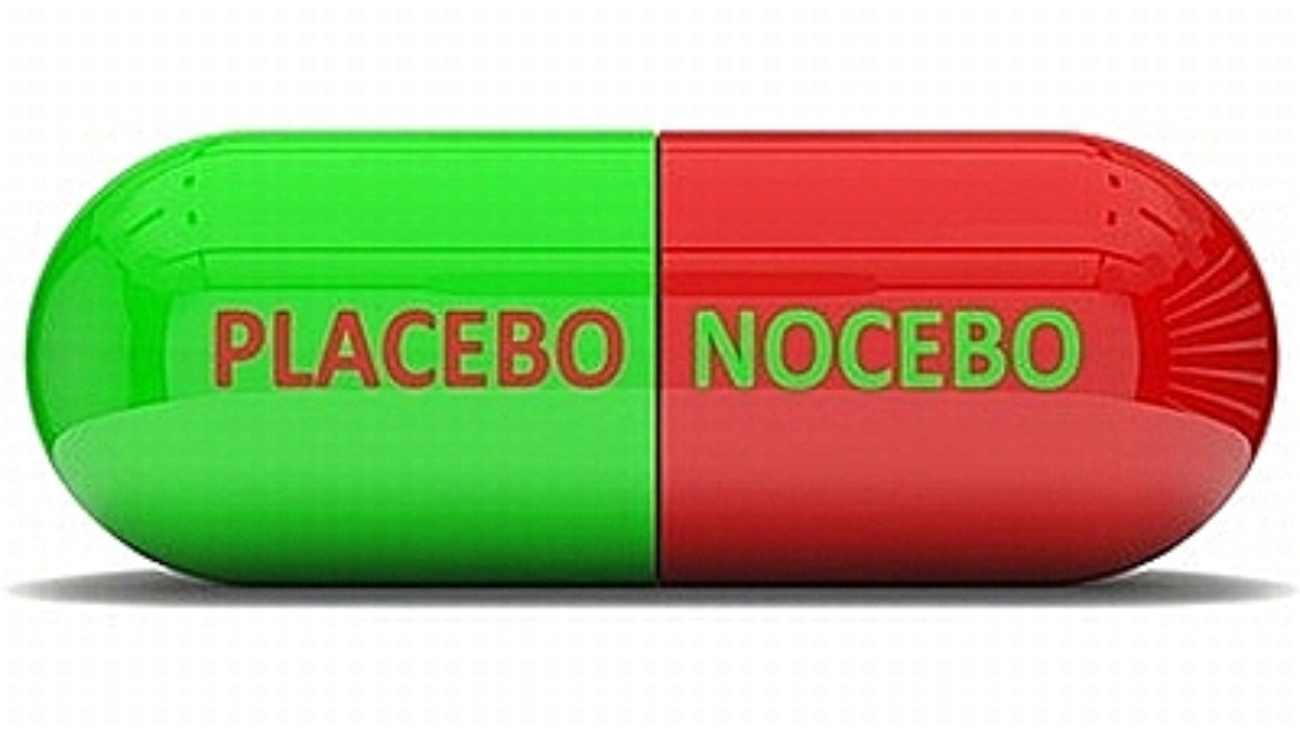 conceptual 3d design of false pill.( placebo and nocebo effect. red and green colored version)