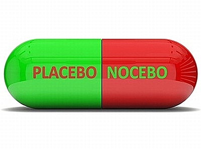 conceptual 3d design of false pill.( placebo and nocebo effect. red and green colored version)